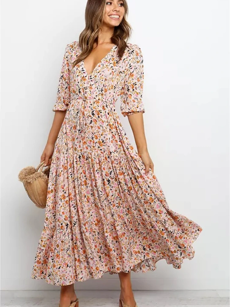 Summer Printed V-Neck Long Dress
